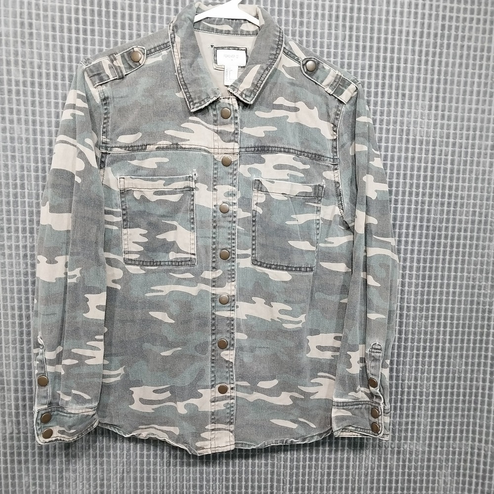 Forever‎ 21 Womens Utility Jacket Camo Button Down Epaulette Small Green Grey